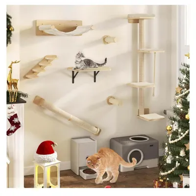 Produktbild von YITAHOME Katzen-Wandmöbel, 7 Teile, Holz, Kletterbaum mit 3 Kratzbäumen, 4 Stufen, Hängematte, Katzentreppe, Wandmontage.