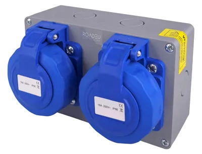 Produktbild von Doppelsteckdose 2x Schuko 230V 16A IP65 Wasserdicht | Baustromverteiler mit Schraubkappen | 2,5 mm² Verdrahtung & Außensteckdose