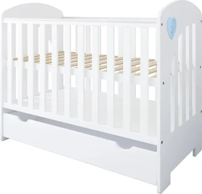 Produktbild von ZEE HEART 2in1 Babybett 120x60 cm Weiß Blau Herz mit Schublade & Umbauseite Juniorbett Kinderbett Gitterbett