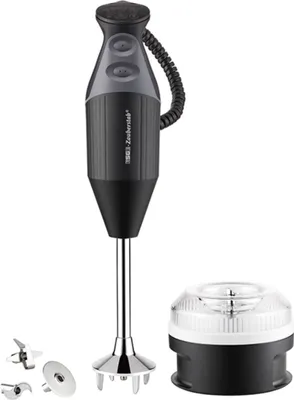 A black and silver hand blender set on a white background.