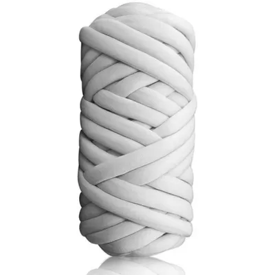 A thick, white yarn ball on a white background.