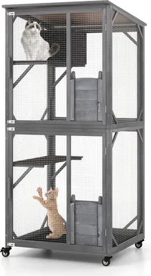 Zdjęcie produktu dla COSTWAY domek dla kota na zewnątrz, odporny na zimę, 182 cm, drewniana klatka dla kota do użytku na zewnątrz, duża klatka dla kota na kółkach, klatka z asfaltowym dachem, drzwiami wejściowymi, 2 platformami i jaskinią do odpoczynku, szary