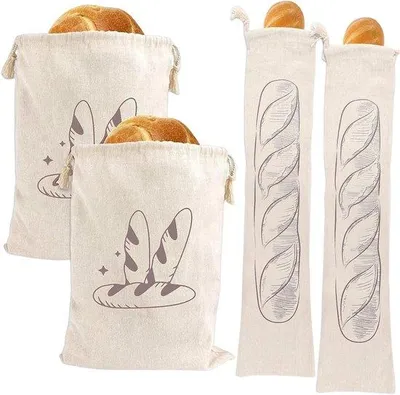 Produktbild von Recycling-Satz aus 4 wechselbaren Baumwoll-Beuteln - Brot-Beutel mit Tragegurt für Brot, Obst und Gemüseverpackung.