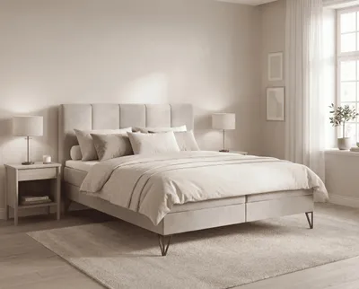Produktbild von Boxspringbett 180x200 Riviera auf Füßen mit Matratze, Topper und Bettkasten - Hellgrau, KI-generiertes Bild