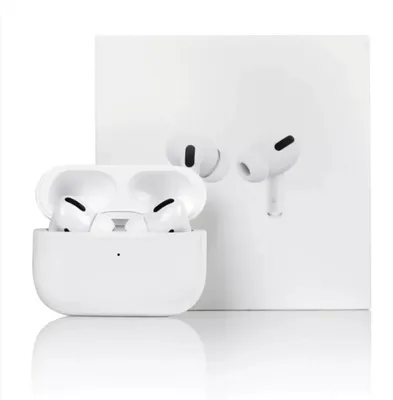 A pair of white wireless earbuds and their charging case are displayed next to their packaging.