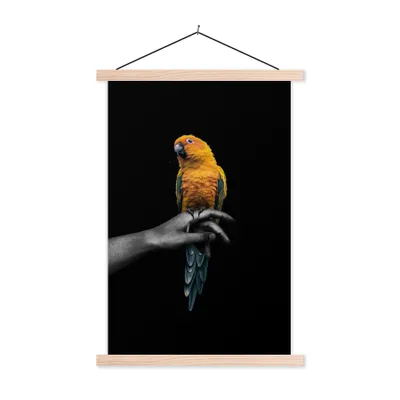 Produktbild von MuchoWow® Textilposter Vogel - Zweig - Papagei 120x180 cm mit holzfarbenen Rahmen - Textil-Plakat
