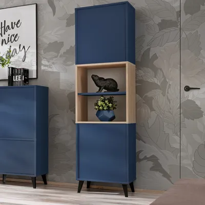 Produktbild von komodee Fondi Sideboard, Vitrine Schrank, 2 Türen, Skandinavisch, für Wohnzimmer, Küche, Esszimmer, Blau, Helles Holz, Vitrine, 173x35x46 cm