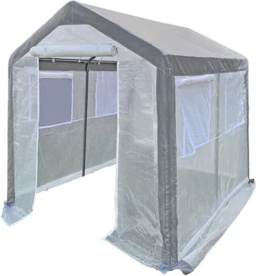 A transparent greenhouse with gray trim, shown from the front.