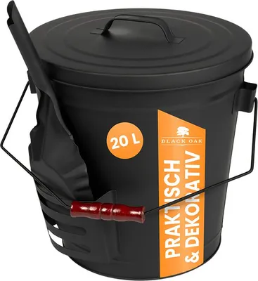 Produktbild von BLACK OAK Ascheeimer STROMBOLI Bügel schwarz 20L - mit Lederhandschuh UND Kehrset