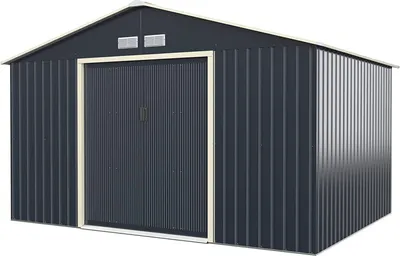A dark gray metal shed with a beige trim around the double doors and roof edges, set against a white background.