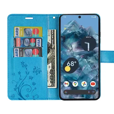 A blue flip case for a Google Pixel 8A phone, with cards and cash inserted, and the phone screen displaying weather information.