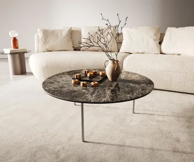 Produktbild von DELIFE Couchtisch Edge Rund 90x90 cm Keramik Emperador Extra Lucidato Dunkelbraun Trive Edelstahl gebürstet