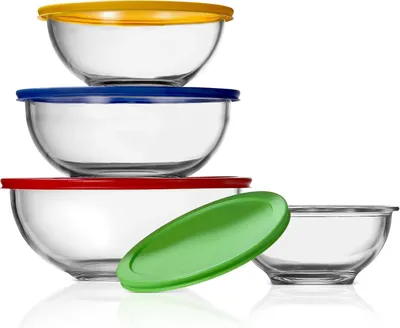 Image de Lot de 4 saladiers en verre avec couvercle NutriChef – Saladier, bol à mélanger, verre borosilicaté, empilables, hermétiques