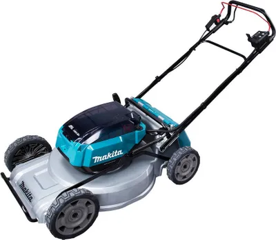 A cordless lawnmower is shown from a slightly elevated angle against a white background.