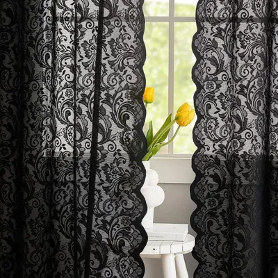 Produktbild von Schwarze Spitzen-Halloween-Vorhänge für Wohnzimmer, , durchsichtige Gothic-Vorhänge, 213,4 cm lang, Boho-Türvorhänge, Hexen-/Gothic-Raumdekoration, 140 x 200 cm, Schwarz