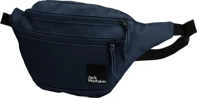 A navy blue hip bag with multiple zippered compartments and a black logo patch.