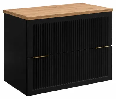 Produktbild von Badezimmerschrank hängend 80 mit Schubladen, Korpus in Schwarz + Platte in Eiche Craft, Griffe in Schwarz, 80 x 46 x 58,6 cm, KI-generiertes Bild