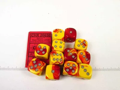 Produktbild von Chessex Würfelset 16mm rot-gelb-silber 12 Stück d6
