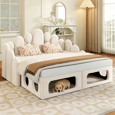 Produktbild von Hochwertiges Polsterbett 180x200 cm mit Haustierbett, 2-in-1 Multifunktionsbett & Schlafsofa aus Samt, stabiles Doppelbett mit Lattenrost, platzsparend, Beige