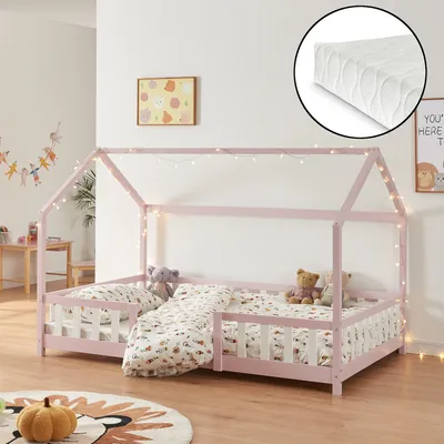 Obrázek produktu pro Dětská postel 'Sisimiut' v domácím vzhledu s matrací a ochranou proti vypadnutí borovicového dřeva 120 x 200 cm růžová / bílá
