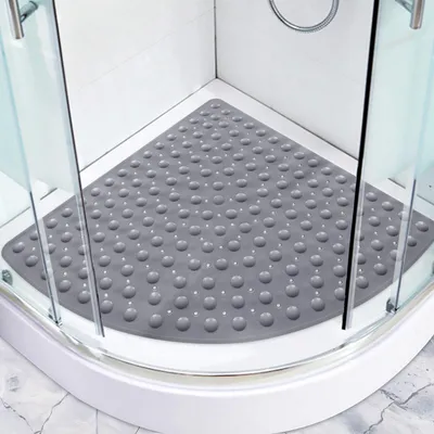 Image de Tapis de douche antidérapant, tapis d'angle triangulaire, 70 x 70 cm, gris, avec ventouses