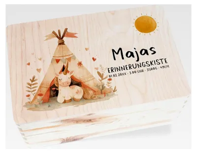 Produktbild von Geschenkbox aus Holz - Einhörner - Personalisierte Babygeschenke | Erinnerungsbox Einhorn mit Name und Datum | Personalisierte Erinnerungsbox für Mädchen - 30 x 20 x 14 - Holz