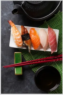 Produktbild von Wallario Wandbild Sushimenu auf Schiefer - Nigiri mit grünem Tee, Größe: 61 x 91,50 cm, Poster mit weißem Aluminiumrahmen
