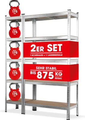 A set of two silver metal shelving units with red marketing banners and red kettlebells indicating weight capacity.