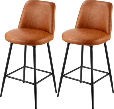 Two brown bar stools with black metal legs are shown against a white background.