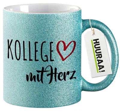Produktbild von Huuraa Glitzertasse Kollege mit Herz 330ml Blau Keramik Kaffeebecher Geschenkidee