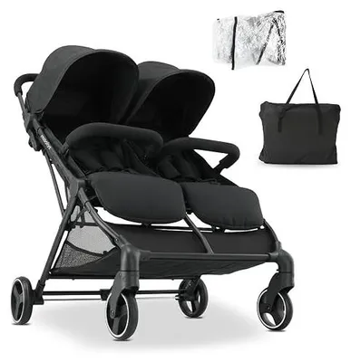 Produktbild von Tess Doppel-Kinderwagen, Geschwisterwagen, ab Geburt bis ca. 4 Jahre (22 kg), leicht, schnell zusammenklappbar, freistehend, großer Staukorb, inkl. Regenverdeck und Tragetasche, Schwarz