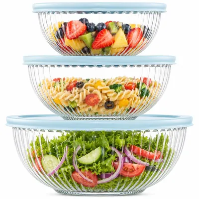 Produktbild von 3er-Set Glas-Rührschüsseln mit Deckel (3,5 l, 2 l, 1 l), große runde Salatschüsseln, spülmaschinenfest
