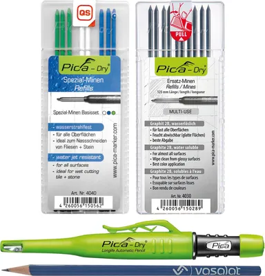 Produktbild von Pica Marker Set - Pica Dry Tieflochmarker + 10 Ersatzminen graphit 2B Multi-Use + 8 Ersatzminen wasserstrahlfest in blau/weiß/grün