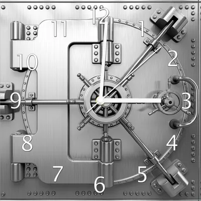 Produktbild von Wallario Design Wanduhr Tresortür mit Öffnungsmechanismus aus Echtglas, Größe 30 x 30 cm
