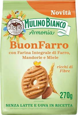 Produktbild von 6x Mulino Bianco BuonFarro, Kekse, Mürbeteigkekse mit Dinkelvollkornmehl, Mandeln und Honig, 270g + Italian Gourmet polpa 400g