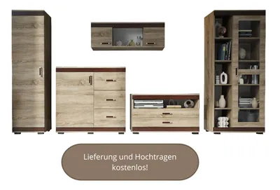 Produktbild von KOMBO Wohnwand 5-teilig - Schrankwand, TV-Element, Kombi-Vitrine - Trüffel Eiche