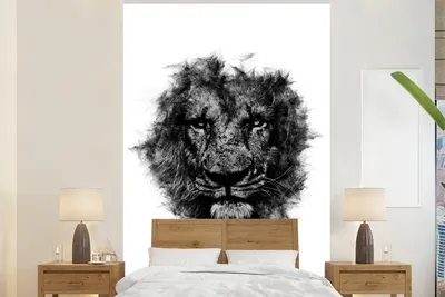 Produktbild von MuchoWow® Fototapete für Wohnzimmer oder Schlafzimmer Wandtapete Vinyl Motivtapete Löwe - Schwarz - Weiß - 170x260 cm - Wohnzimmertapete