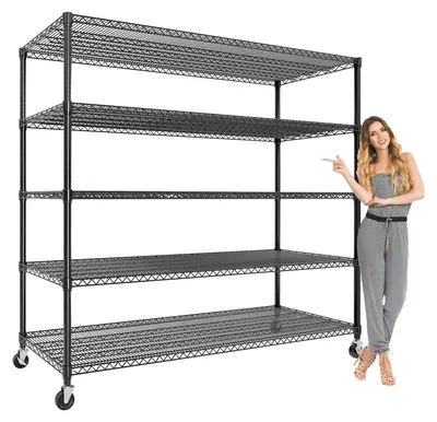 Immagine prodotto di Scaffale metallico con ruote - Scaffale per magazzino - 5 ripiani regolabili in altezza - Portata elevata - Acciaio al carbonio - Fino a 1500 kg - Ideale per cucina, garage e dispensa