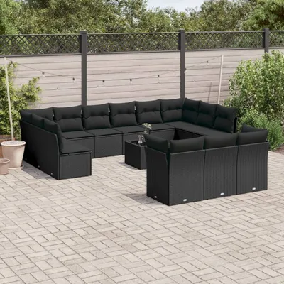 Produktbild von Design 14-tlg. Garten-Sofagarnitur mit Kissen Schwarz Poly Rattan, Gartenmöbel-Sets 2024 Neu