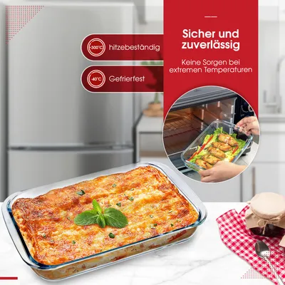 Produktbild von Auflaufform Set 3-teilig aus Glas | 1L, 1.6L, 2.2L | Rechteckige Glas Auflaufformen mit Hohem Rand | Ofenfeste Backform für Lasagne, Tiramisu, Auflauf | Backofen | Spülmaschinenfest
