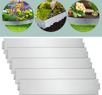 Collage showing garden edging in use and stacked.