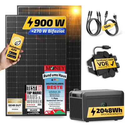 Produktbild von Balkonkraftwerk mit Speicher, 900W/800W Solaranlage Steckerfertig WIFI Komplettset Photovoltaik Anlage 800W, Kabellänge: 10m, Solakon