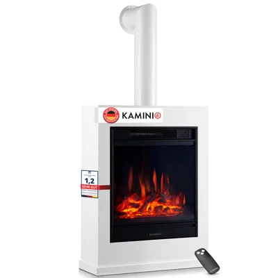Produktbild von KAMINIO Elektrokamin KALLE mit Ofenrohr - Elektrischer Standkamin mit Heizung, 3D-Flammeneffekt, Fernbedienung - Weiß, KI-generiertes Bild