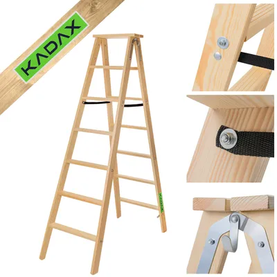 Image de KADAX Escabeau en bois, télescopique, 2x7 marches, pliable, double face