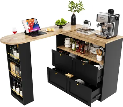 Produktbild von Um 360° drehbare Essbar 138cm-105x39x102cm mit 4 Schubladen und offenen Regalen Esszimmerschrank Arbeitszimmerschrank Wohnzimmerschrank Schwarz