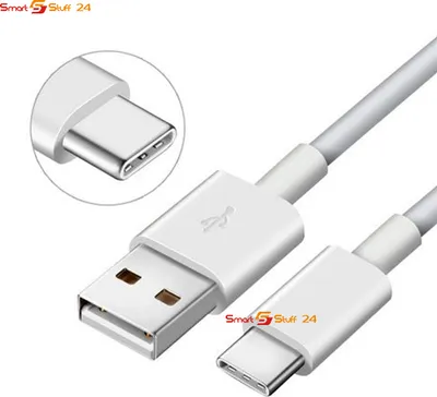 A white USB-C charging cable with a USB-A connector on one end and a USB-C connector on the other. A close-up inset shows the USB-C connector.