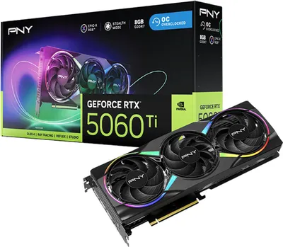 Zdjęcie produktu dla PNY GeForce RTX 5060 Ti EPIC-X RGB OC, GeForce RTX 5060 Ti, 8 GB, GDDR7, 128 bit, 7680 x 4320 px, PCI Express x8 5.0