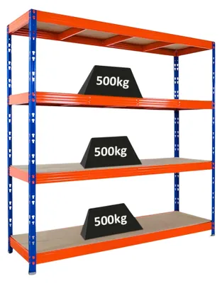 Produktbild von Profi Schwerlastregal Rhino | HxBxT 200x200x60cm | 4 Spanplatten-Ebenen 16mm | Fachlast 500kg | Blau/Orange