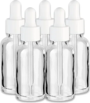 Produktbild von 5x Farblose Glasflasche 30 ml mit weißer Pipette leer zum Befüllen Set