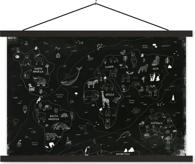 Produktbild von MuchoWow® Textilposter Weltkarte - Kinder - Schwarz - Weiß 120x80 cm mit schwarzem Rahmen - Wanddeko